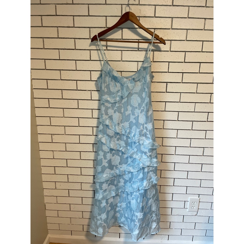 Showpo Light Blue Floral Jacquard Ruffle Midi Dress Size US 8 Wedding Guest